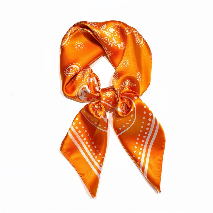 Оранжев сатенен шал с винтидж пейсли модел 70×70см, моден аксесоар за жени