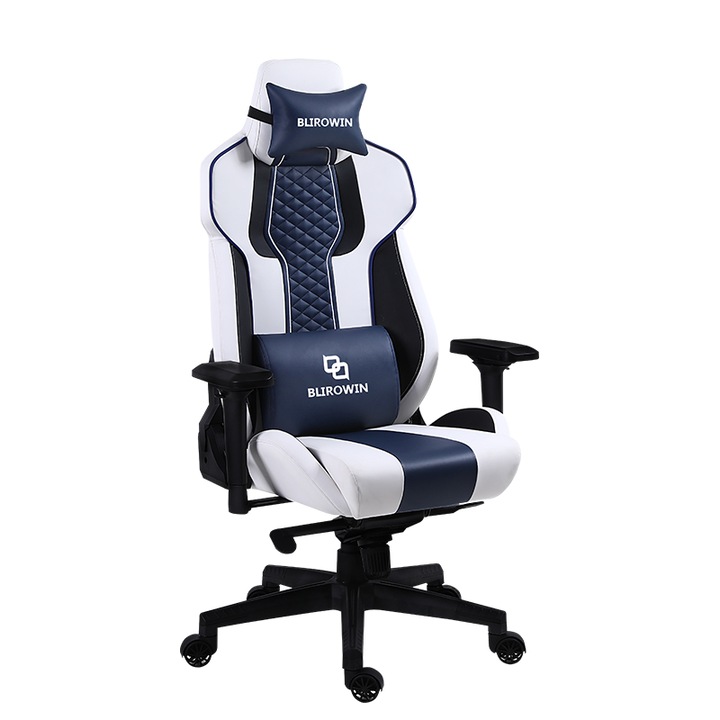 Ергономичен геймърски или офис стол, Blirowin®, регулируема лумбална опора с масаж, мемори пяна, бързо отдръпваща се седалка, разтегателна поставка за крака, издръжлива PU кожа, заключване на позицията до 180°, регулируеми подлакътници, син и сив