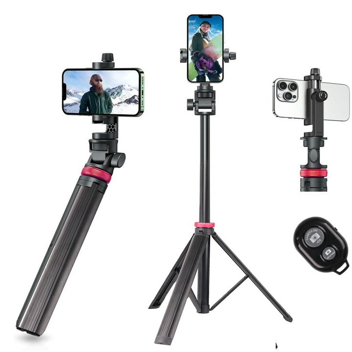 Stativ Telefon Telescopic Cu Telecomanda Bluetooth Si Selfie Stick, Compatibil IPhone Si GoPro, Suport Universal, Usor, Design Compact, Unghi Ajustabil 180°, Durabil Pentru Foto Si Video, Ideal Pentru Calatorii, Vloguri, Evenimente, Negru/Portocaliu
