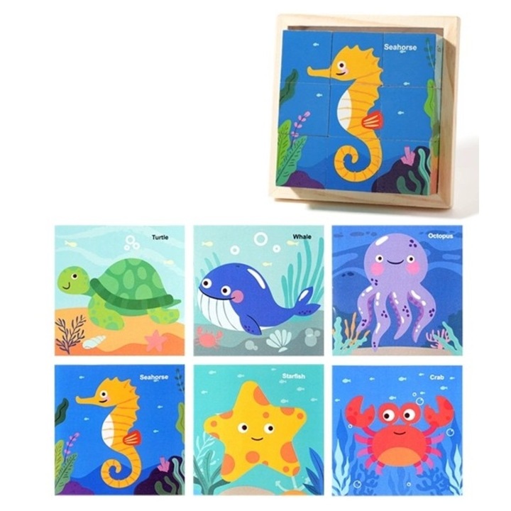 Fajáték Puzzle, 9 Kocka, 6 Oldal, 4-6 Éveseknek, 11 x 11 x 3.2 cm, Tengeri Állatok Mintával, Többszínű