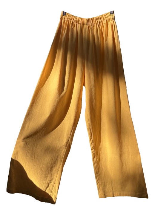 Pantaloni lungi galbeni din in cu elastic, Dama, Galben