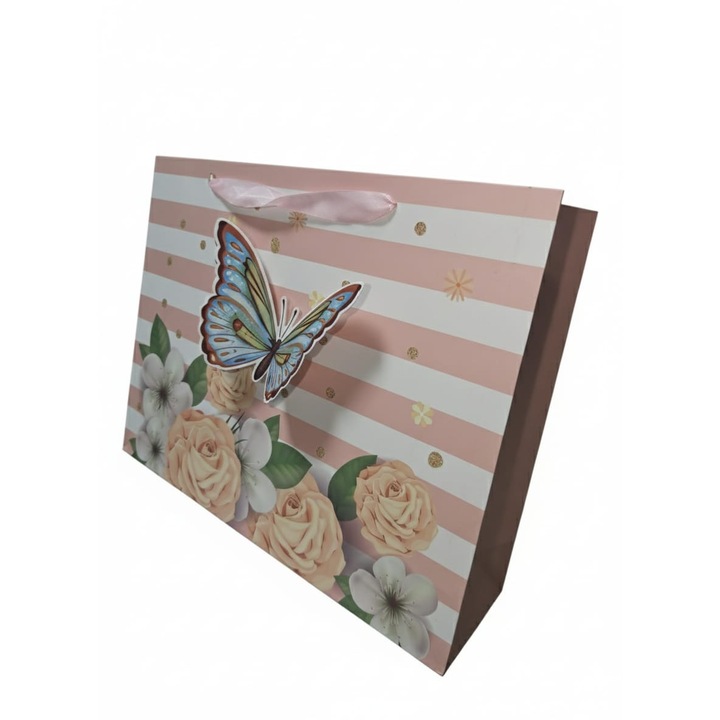 Punga cadou marimea L din carton, model dungi roz pal cu fluture 3D si flori, 30 x 39 x 11 cm, ELDEPO