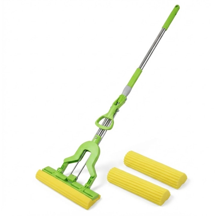 Mop Cu Burete Super Absorbant, Verde, 3 Rezerve Incluse, Coada Metalica 120 Cm, Burete Lat 27 Cm, Sistem De Stoarcere Manual, Curatare Rapida Si Eficienta Pentru Orice Suprafata, VA-365 & VA-366
