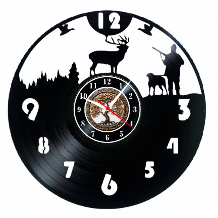 Majestic Stag dekoratív falióra - Nature's Soul, bakelit lemezből készült (Vinyl Record Clock), vadász design szarvassal és erdővel, átmérő 30 cm, fekete