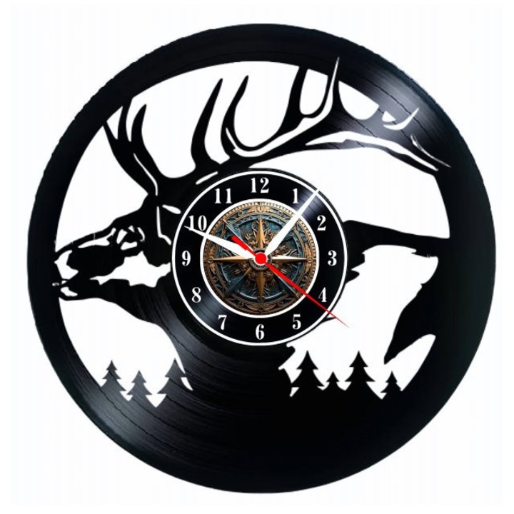 Majestic Szarvas dekoratív falióra - A természet lelke, bakelitlemezből készült (Vinyl Record Clock), vadász design szarvassal és erdővel, 30 cm átmérőjű, Fekete