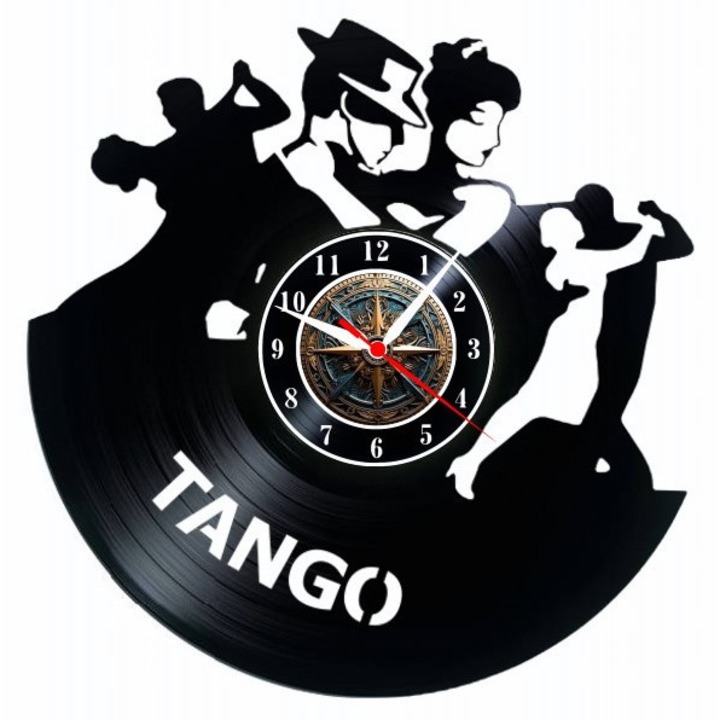 Tango Passion dekoratív falióra, bakelitlemezből készült (Vinyl Record Clock), retró design táncosokkal és elegáns sziluettekkel