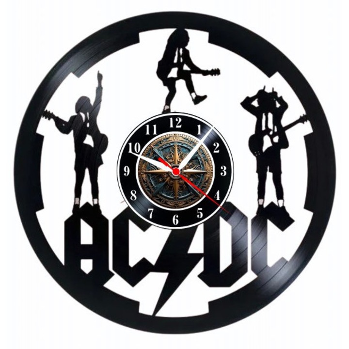 AC/DC dekoratív falióra - Rock Legends, kézzel készített bakelitlemezből, együttes sziluett design, 30 cm átmérő, fekete