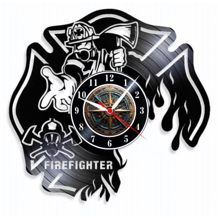 Tűzoltó Bátor Szív dekoratív falióra, kézzel készített bakelit lemezből, lángoló mentő design