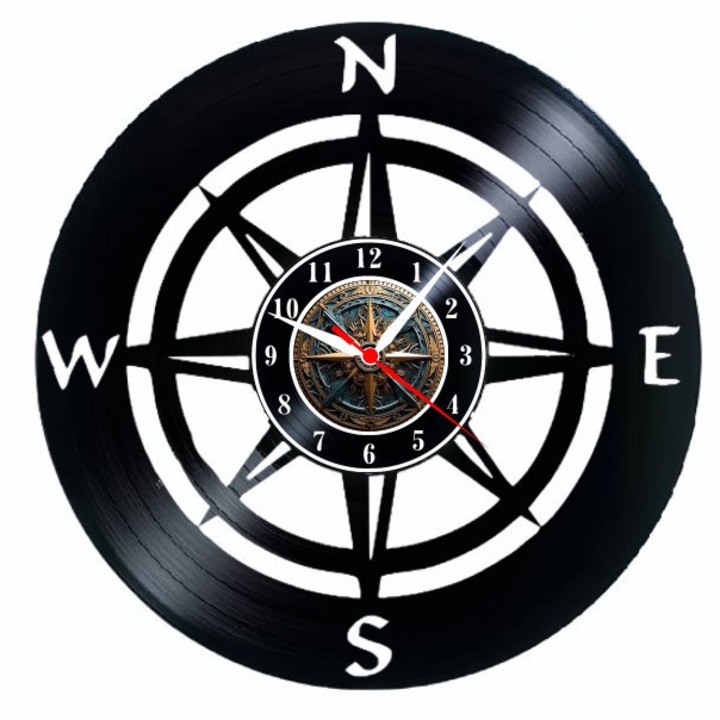 Dekoratív falióra Compass Adventure, bakelit lemezből (Vinyl Record Clock), iránytű design N-D-K-Ny égtájakkal, átmérő 30 cm, fekete