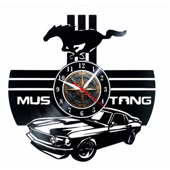 Ceas de perete decorativ Ford Mustang - Classic Muscle Car, realizat din disc de vinil (Vinyl Record Clock), design auto vintage cu logo si masina sport