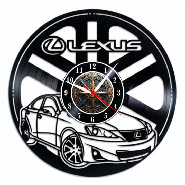Декоративен стенен часовник Lexus Luxury Drive, изработен от винилова плоча (Vinyl Record Clock), автомобилен дизайн с лого и спортна кола, диаметър 30 см, черен