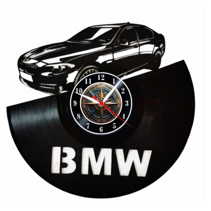 Ceas de perete decorativ BMW 5 Series - Business Class, realizat din disc de vinil (Vinyl Record Clock), design auto premium cu logo si berlina sport