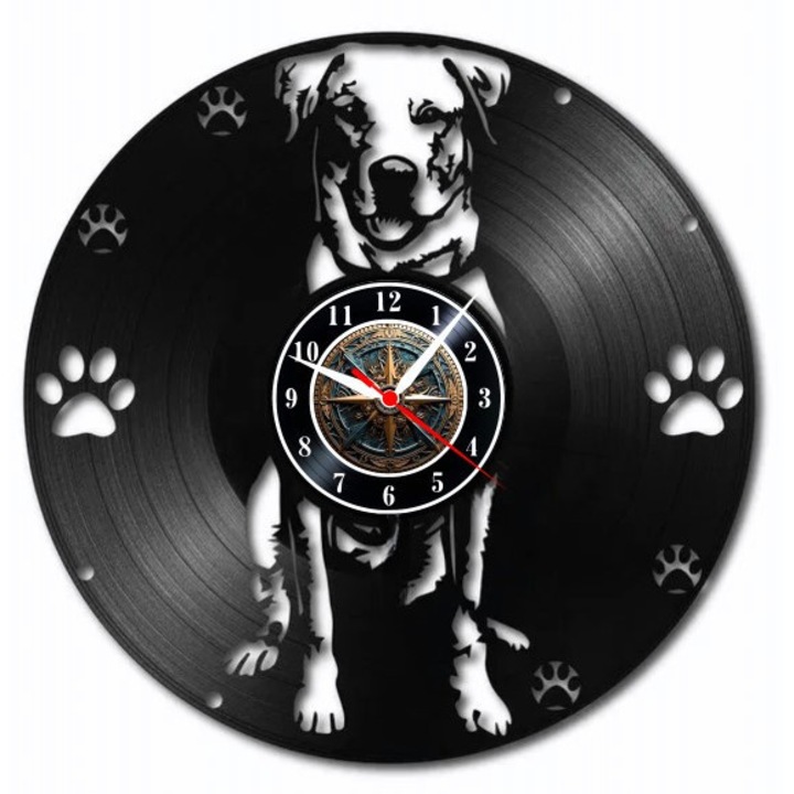 Декоративен стенен часовник Loyal Friend, изработен от винилова плоча (Vinyl Record Clock), дизайн портрет на куче и отпечатъци от лапи, диаметър 30 см, Черен