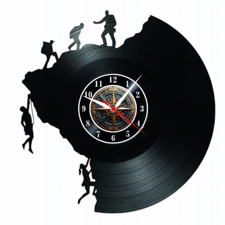 Climbing Adventure dekoratív falióra, bakelitlemezből (Vinyl Record Clock), Hegymászás és Sziklamászás tematikus design