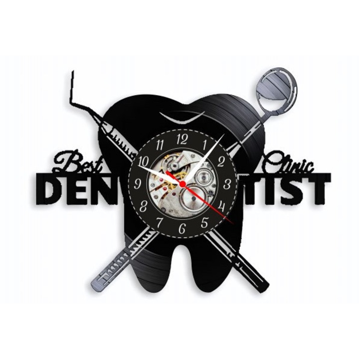 Ceas de perete decorativ Best Dentist Clinic, realizat din disc de vinil (Vinyl Record Clock), design Cabinet Stomatologic cu dinte si instrumente