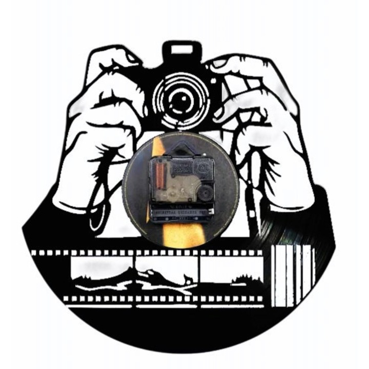 Dekoratív falióra The Best Photographer, bakelit lemezből (Vinyl Record Clock), professzionális fényképezőgép és filmszalag dizájnnal