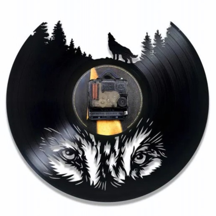 Dekoratív falióra "Magányos Farkas", bakelitlemezből készült (Vinyl Record), Farkas az erdőben design, Fekete