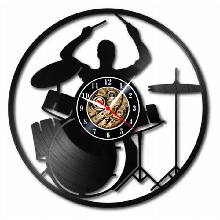 Dekoratív falióra "Dobos Lélek", bakelit lemezből (Vinyl Record) készült, Dob & Ütőhangszer design, Fekete, 30 cm