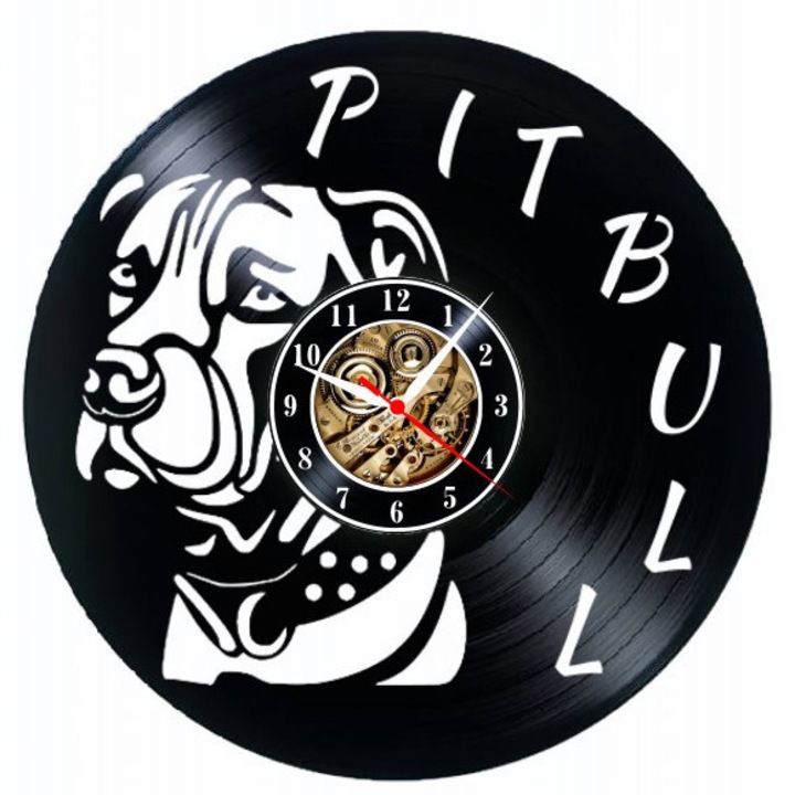 Dekoratív falióra "Pitbull Power", bakelitlemezből (Vinyl Record) készült, kutyaimádó design, fekete, 30 cm