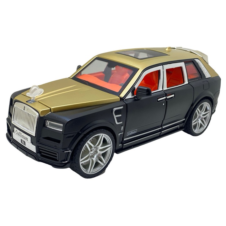 Fém makett replika Rolls Royce Cullinan fekete hanggal, fényekkel, kürt, minden nyitható 1:24
