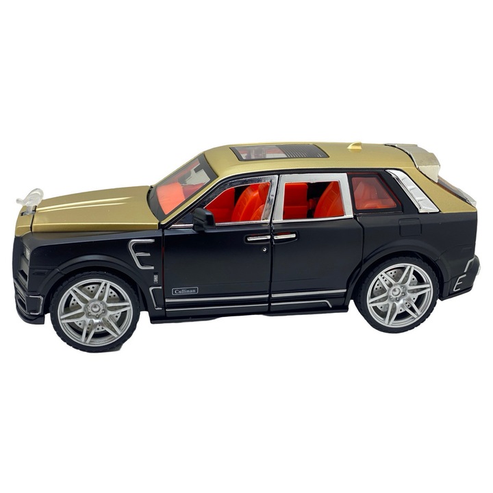 Fém makett replika Rolls Royce Cullinan fekete hanggal, fényekkel, kürt, minden nyitható 1:24