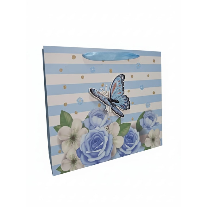 Punga cadou marimea L din carton, model dungi albastre cu fluture 3D si flori, 30 x 39 x 11 cm, ELDEPO