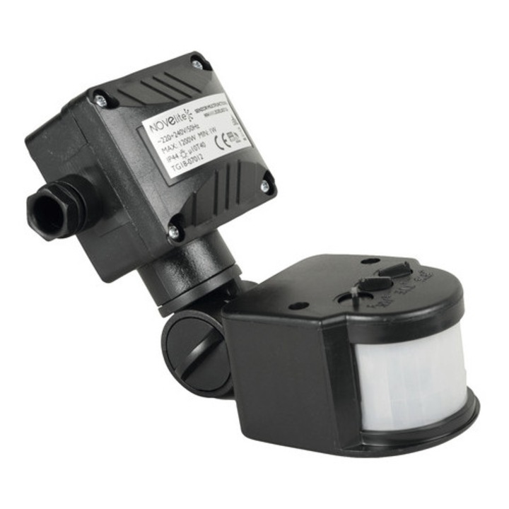 Senzor de miscare Novelite 180° 1200W, cu brat, pentru exterior IP44, negru