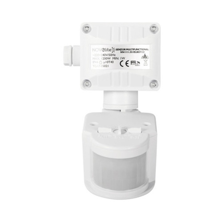 Senzor de miscare Novelite 180° 1200W, cu brat, pentru exterior IP44, alb