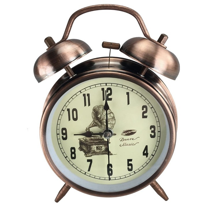 Ceas deșteptător antic din bronz cu clopot dublu și cadran cu figurine 16.5 cm Metroman