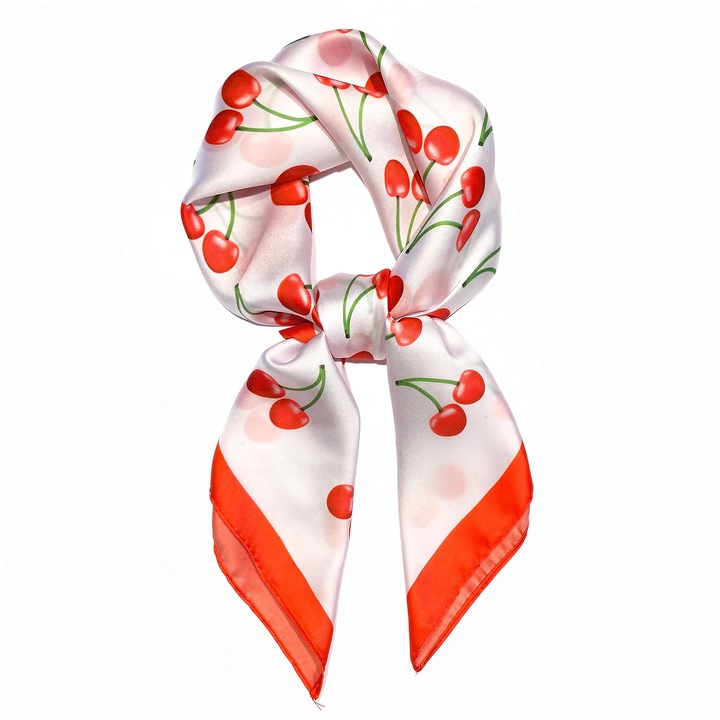Fehér szatén sál vintage cseresznyemintával 70×70cm, divatos kiegészítő nőknek
