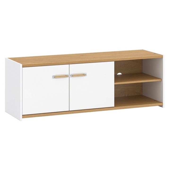 Comodă RTV Adam B, Alb cu Nuc, 2 Uși, 138x41x48, 2cm