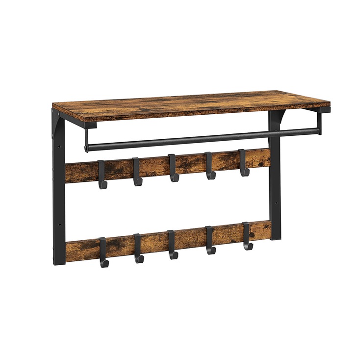 Cuier de perete Timeless Tools, cu polita, 65 × 30 × 42 cm, Maro