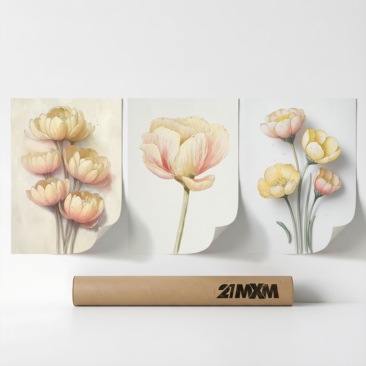 Комплект от 3 декоративни плаката 'Morning Dew Florals 02', текстилен материал, 21MXM, 30 x 40 см, без рамка