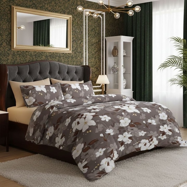 Dupla ágyneműhuzat, 4 részes, 230 x 250 cm, Különleges Ágyneműk, Elvo fehér virágok