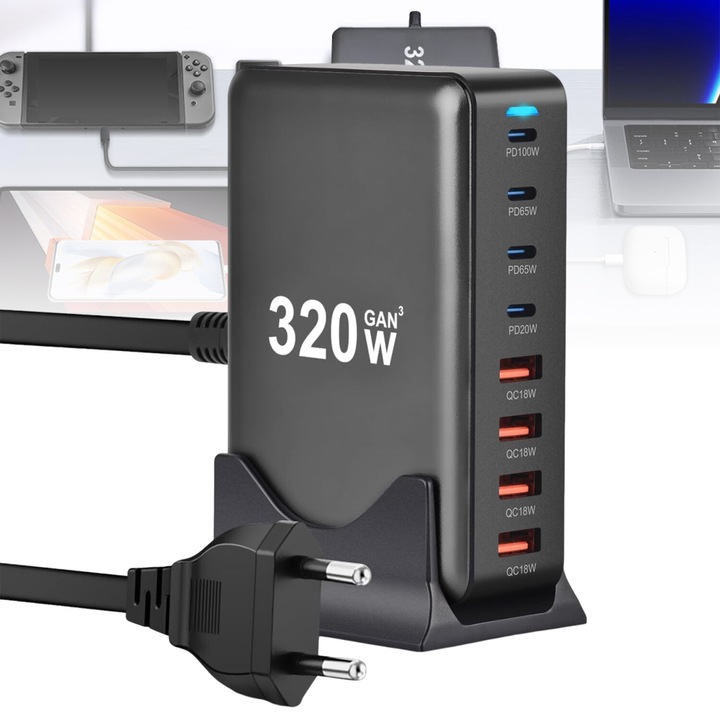 Incarcator USB C 320W Bedee, 8 porturi, rapid, 108x74x34mm