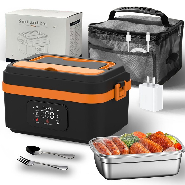 Cutie de pranz electrica, Bedee, cutie de pranz incalzita de 1000 ml cu baterie de 16000 mAh, control timp, functie de incalzire, pentru birou, santier, masina, cutie de incalzire, cutie de pranz incalzita, negru/portocaliu