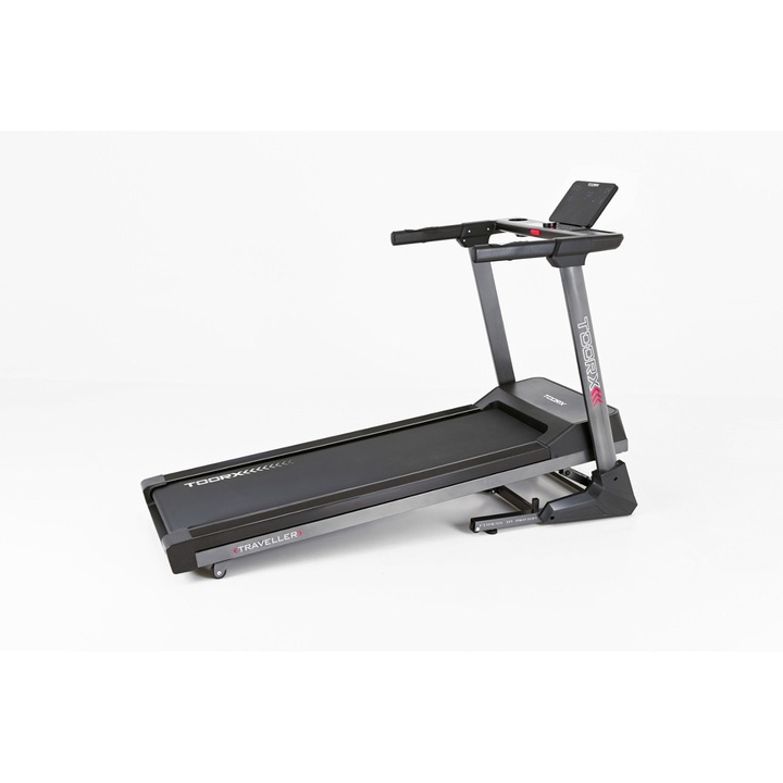 Toorx Traveller Futópad, DC motor 2,5/3,5 LE csúcs, sebesség 1–18 km/h 0,1 km/h lépéssel, felület 47x140 cm, elektromos dőlésszög 12%-ig, 24 program, APP Ready 3.0 integrált, Zwift és Kinomap kompatibilis, 8 párnás ütéscsillapító rendszer