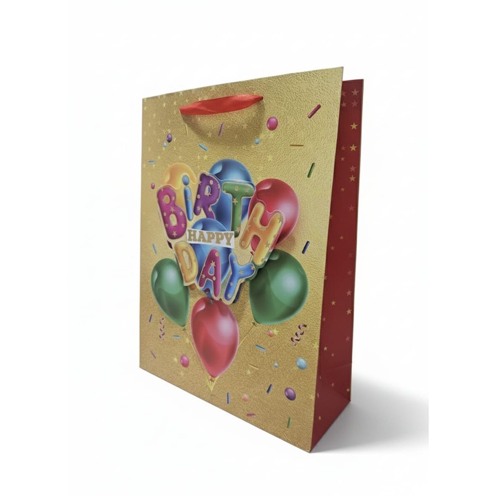 Punga cadou marimea S din carton premium, model auriu 3D, cu baloane si text Happy Birthday, 23 x 18 x 10 cm, ELDEPO