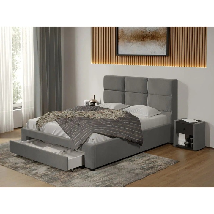 Pat tapitat Cico cu Sertar, 170x114, din piele/stofa, C1, Gri/Falcone 21