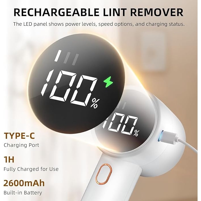 Aspirator de scame electric, 6 lame, 3 viteze, cu display LED, reincarcabil, pentru imbracaminte si mobilier