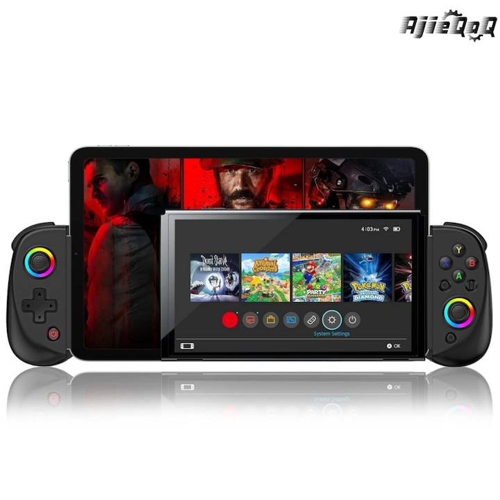 GamePad Controller, AjieQaQ®, pentru iPad, tableta, iPhone/Android/PC/Switch/PS3/PS4, Maxim extensibil la 252 mm, lumini RGB in 7 culori, Turbo, suporta jocuri mobile in cloud, Bluetooth 5.2, Durata lunga de viata a bateriei si compatibilitate, Negru