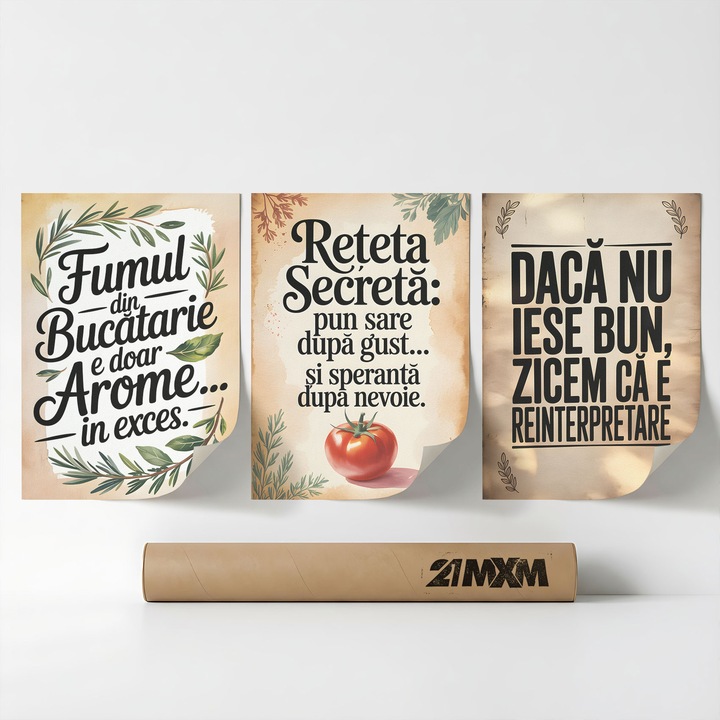 Комплект от 3 декоративни постера 'Кухня с хумор 01', текстилен материал, 21MXM, 30 x 40 см, без рамка