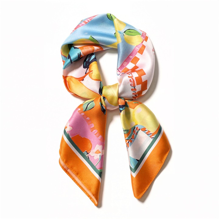 Многоцветен сатенен шал 70х70см, полиестерен материал, с дизайн на лимони и портокали, идеален за ежедневни и официални стилове