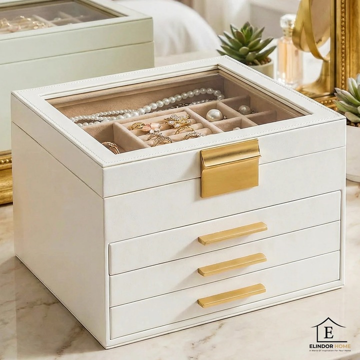 Cutie de Bijuterii Elindor® cu Capac, Organizator 4 Niveluri, 3x Sertar, Spatiu de Depozitare Inel, Verighete, Lantisoare, Bratari, Cercei, Caseta din Material Catifelat, Design Rafinat, Simplu si Elegant, Piele Ecologica, Bej
