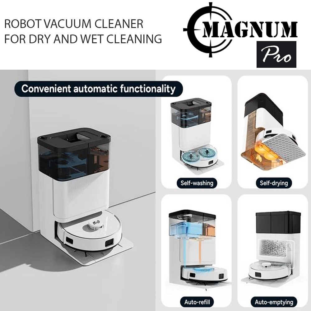 Aspirator robot Magnum PRO, Recipient automat pentru deseuri, apa curata si murdara, Putere de aspirare 10000 Pa, WiFi, Ridicarea si uscarea mopurilor cu aer cald