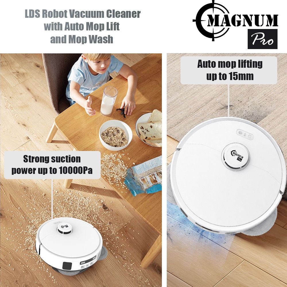 Aspirator robot Magnum PRO, Recipient automat pentru deseuri, apa curata si murdara, Putere de aspirare 10000 Pa, WiFi, Ridicarea si uscarea mopurilor cu aer cald