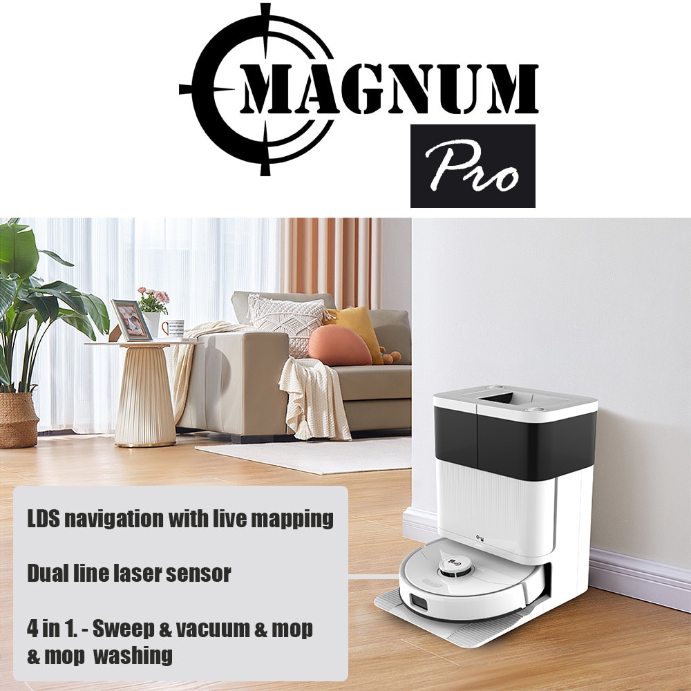 Aspirator robot Magnum PRO, Recipient automat pentru deseuri, apa curata si murdara, Putere de aspirare 10000 Pa, WiFi, Ridicarea si uscarea mopurilor cu aer cald