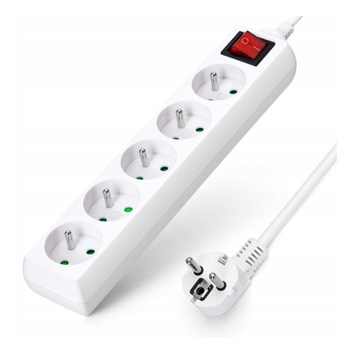 Разклонител Aigostar с 5 гнезда, ключ, 3 метра кабел, 3G1.5mm2, бял