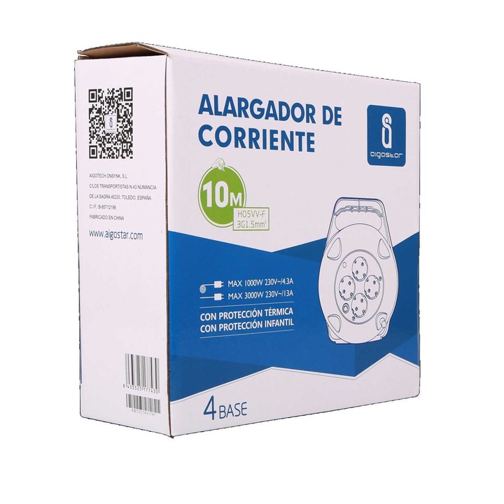 10 метров Преносима кабелна макара с удължител с 4 контакта 10м 3G1.5mm2 бял със защита за деца Aigostar