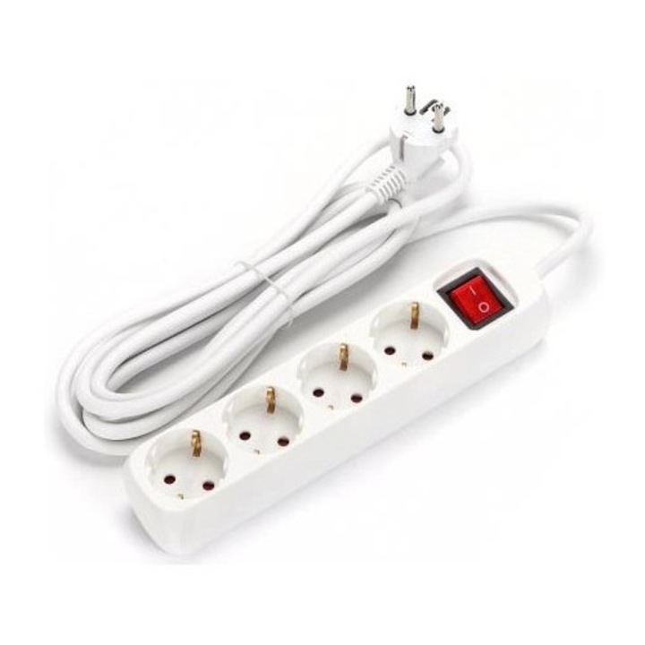 Prelungitor de rețea cu 4 căi cu cablu de 5 metri și întrerupător 3G1.5 mm² alb Aigostar 3680 W